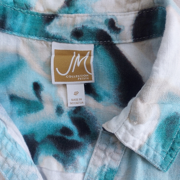 JM Collection Floral Abstract Blue White Linen Button Up 3/4 Sleeve, 4P - Picture 4 of 8